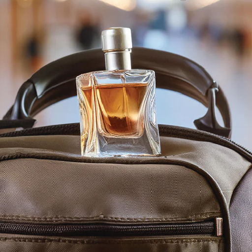 How can you safely transport perfume in checked luggage without a cap