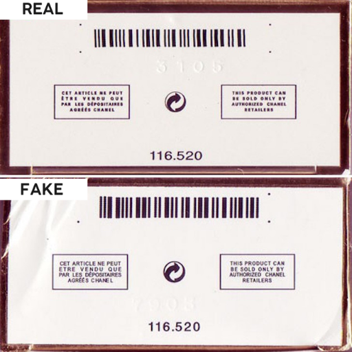What are the key visual indicators that a perfume box is fake